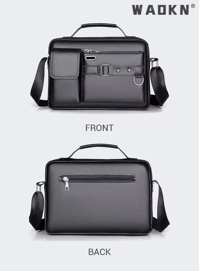 Men's Crossbody Shoulder Bag Business Messenger Shoulder Bag PU Leather Retro Chic Handbag Casual Portable Zipper Crossbody/Shoulder Bag Husband Gift for Men Travel Work Office Black
