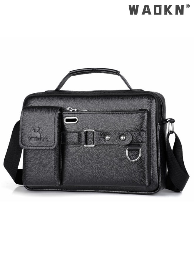 Men's Crossbody Shoulder Bag Business Messenger Shoulder Bag PU Leather Retro Chic Handbag Casual Portable Zipper Crossbody/Shoulder Bag Husband Gift for Men Travel Work Office Black
