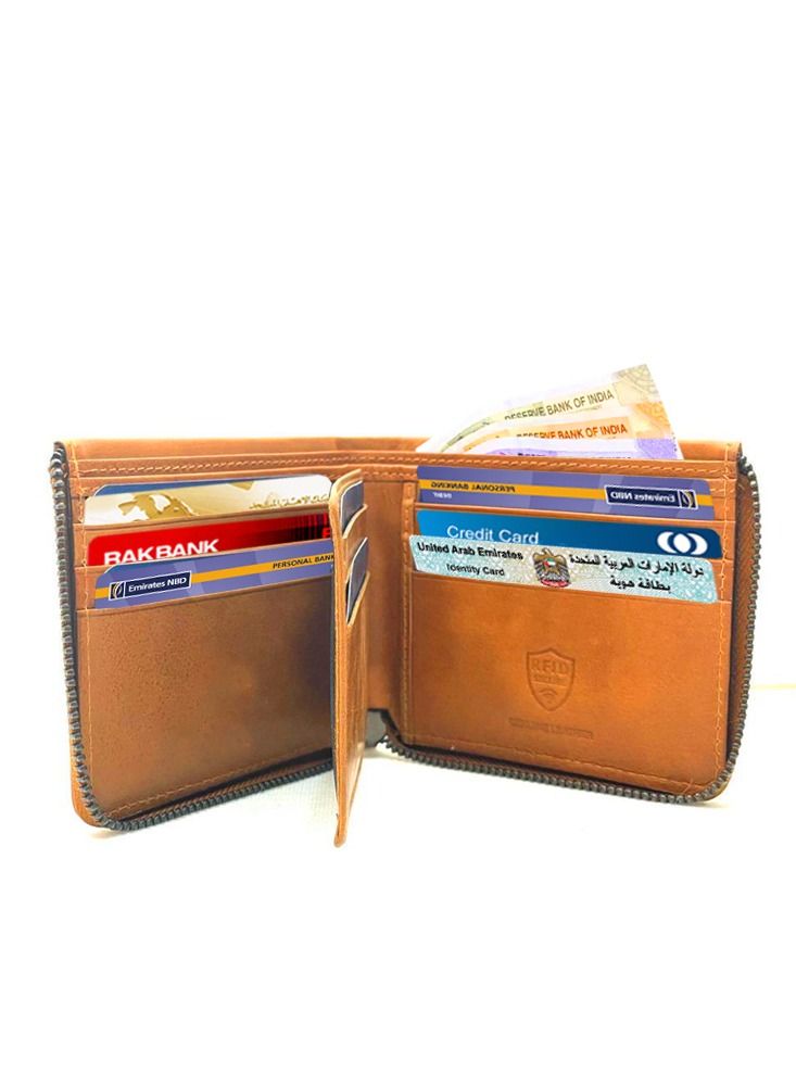 Casual Mens Leather wallet Zip Original Tan Color with RFID Protection