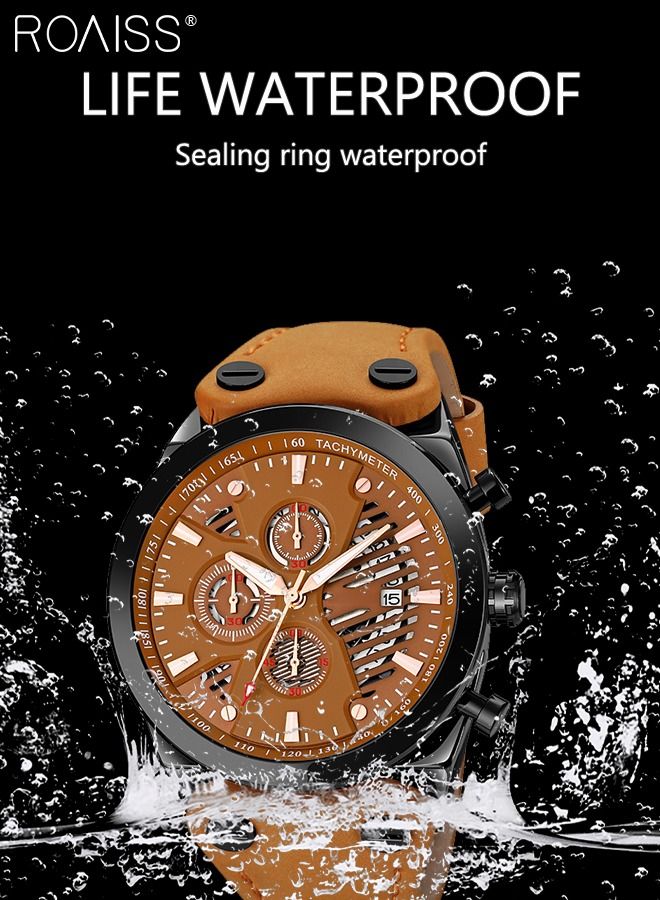 Men's Leather Strap Quartz Watch, Round Shape Dial Chronograph Watch with Three Small Dials, Waterproof Casual Watch as Gift for Men