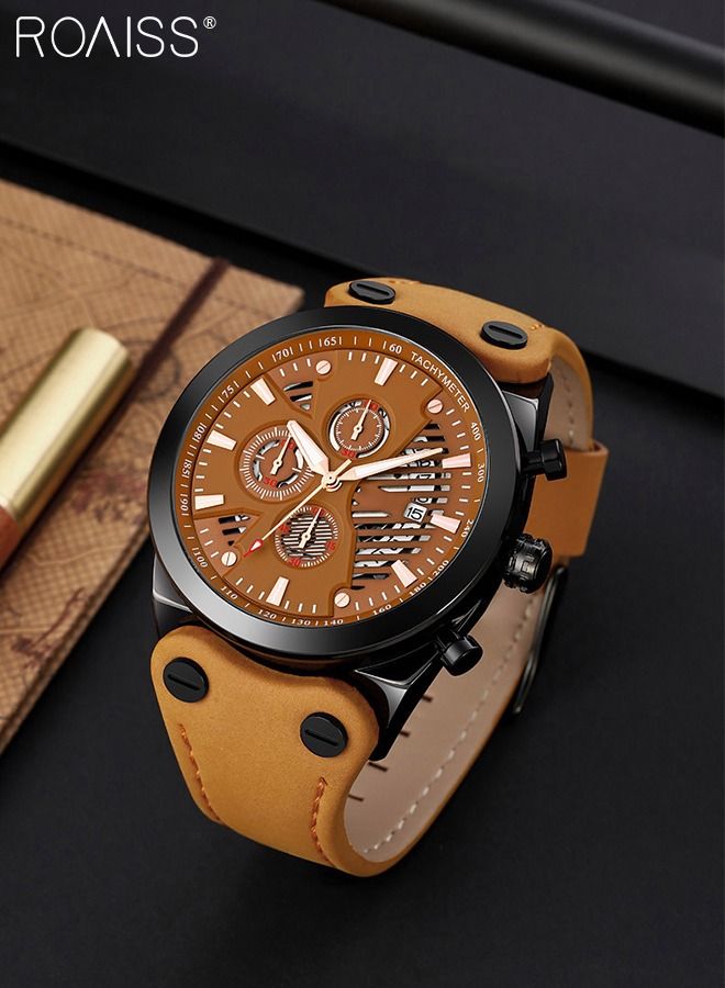 Men's Leather Strap Quartz Watch, Round Shape Dial Chronograph Watch with Three Small Dials, Waterproof Casual Watch as Gift for Men