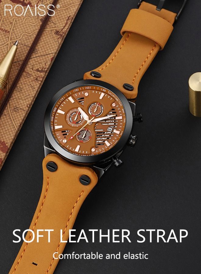 Men's Leather Strap Quartz Watch, Round Shape Dial Chronograph Watch with Three Small Dials, Waterproof Casual Watch as Gift for Men