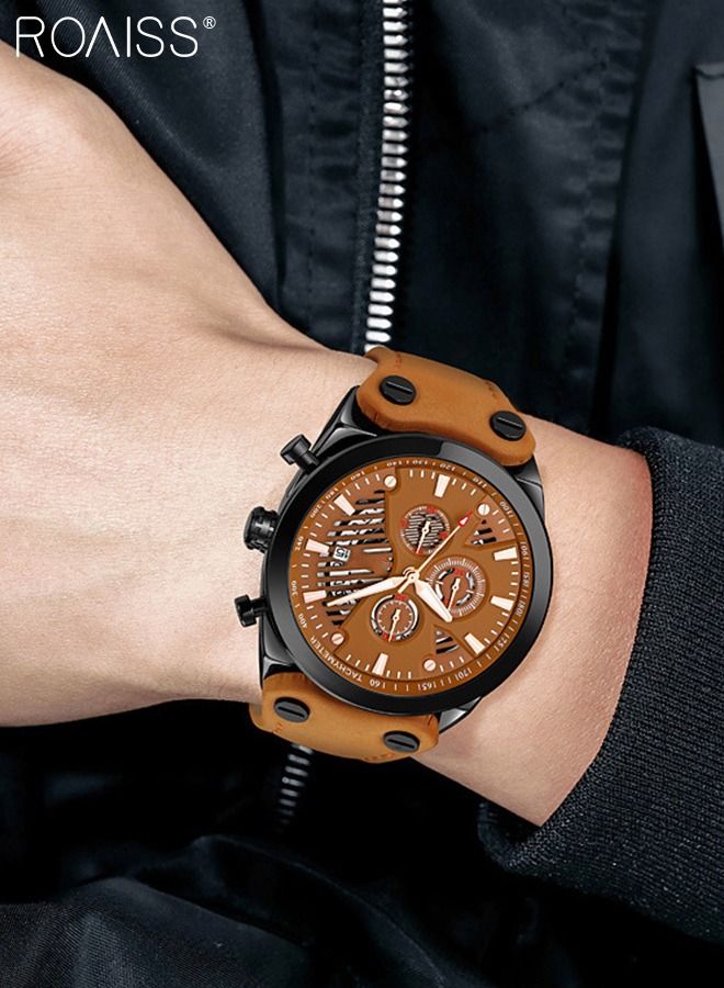 Men's Leather Strap Quartz Watch, Round Shape Dial Chronograph Watch with Three Small Dials, Waterproof Casual Watch as Gift for Men