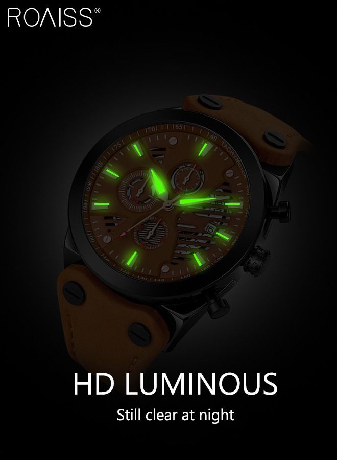 Men's Leather Strap Quartz Watch, Round Shape Dial Chronograph Watch with Three Small Dials, Waterproof Casual Watch as Gift for Men