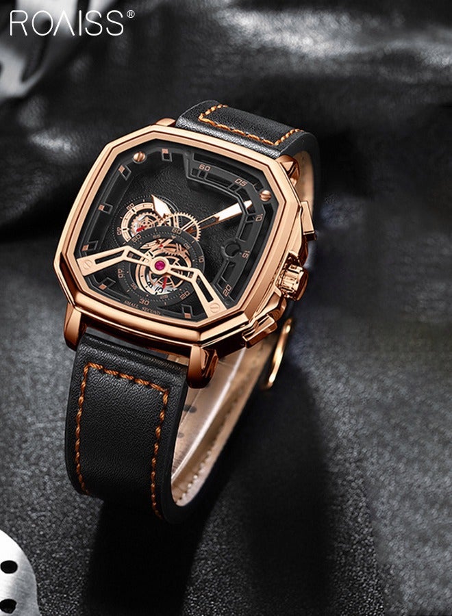 Men's Leather Strap Quartz Watch, Analog Display Square Shape 3D Black Dial Chronograph Watch, Waterproof Luminous Watch as Gift for Men