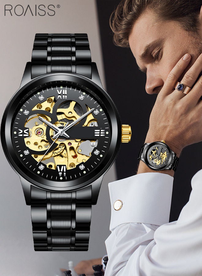 Men's Stainless Steel Strap Mechanical Watch Analog Display Round Black Dial with Hollow Pattern Decoration Waterproof Luminous Wristwatch as Gift for Men