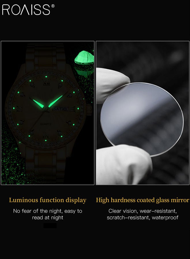 Men's Stainless Steel Strap Quartz Watch Analog Display Round Blue Dial with Rhinestone-set Bezel Waterproof Luminous Wristwatch as Gift for Men