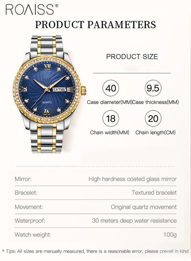 Men's Stainless Steel Strap Quartz Watch Analog Display Round Blue Dial with Rhinestone-set Bezel Waterproof Luminous Wristwatch as Gift for Men