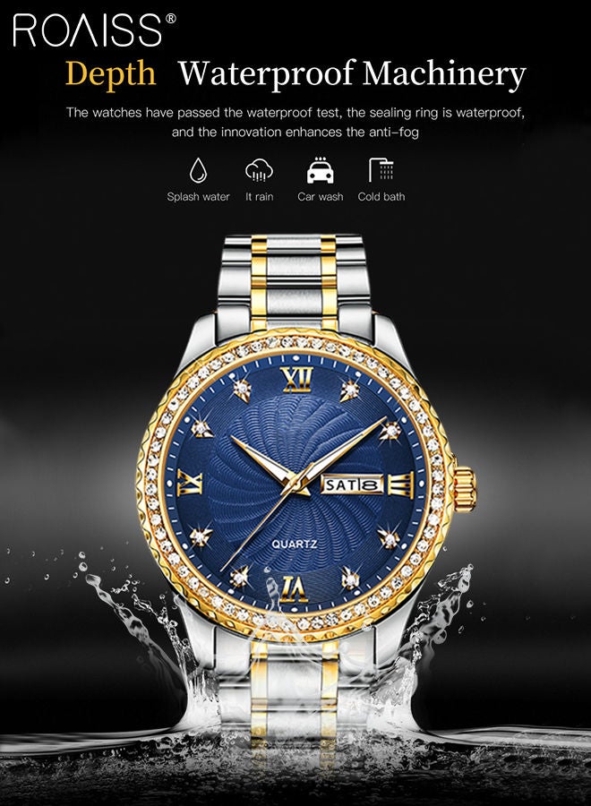Men's Stainless Steel Strap Quartz Watch Analog Display Round Blue Dial with Rhinestone-set Bezel Waterproof Luminous Wristwatch as Gift for Men