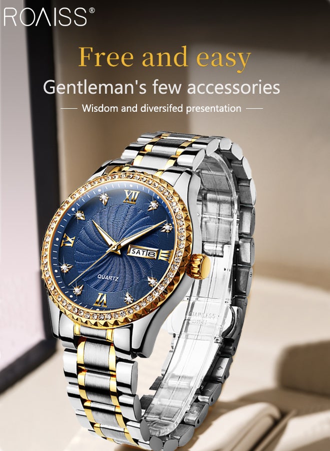 Men's Stainless Steel Strap Quartz Watch Analog Display Round Blue Dial with Rhinestone-set Bezel Waterproof Luminous Wristwatch as Gift for Men