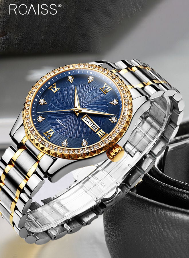 Men's Stainless Steel Strap Quartz Watch Analog Display Round Blue Dial with Rhinestone-set Bezel Waterproof Luminous Wristwatch as Gift for Men