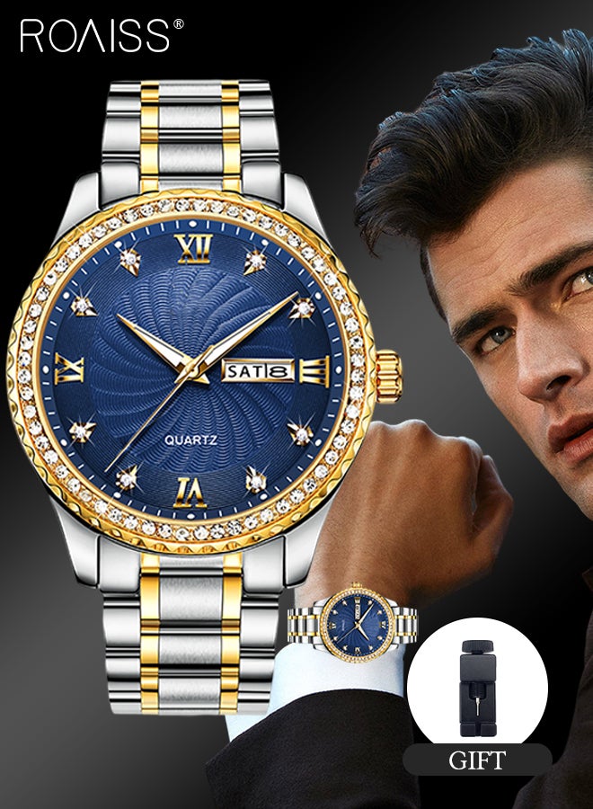 Men's Stainless Steel Strap Quartz Watch Analog Display Round Blue Dial with Rhinestone-set Bezel Waterproof Luminous Wristwatch as Gift for Men