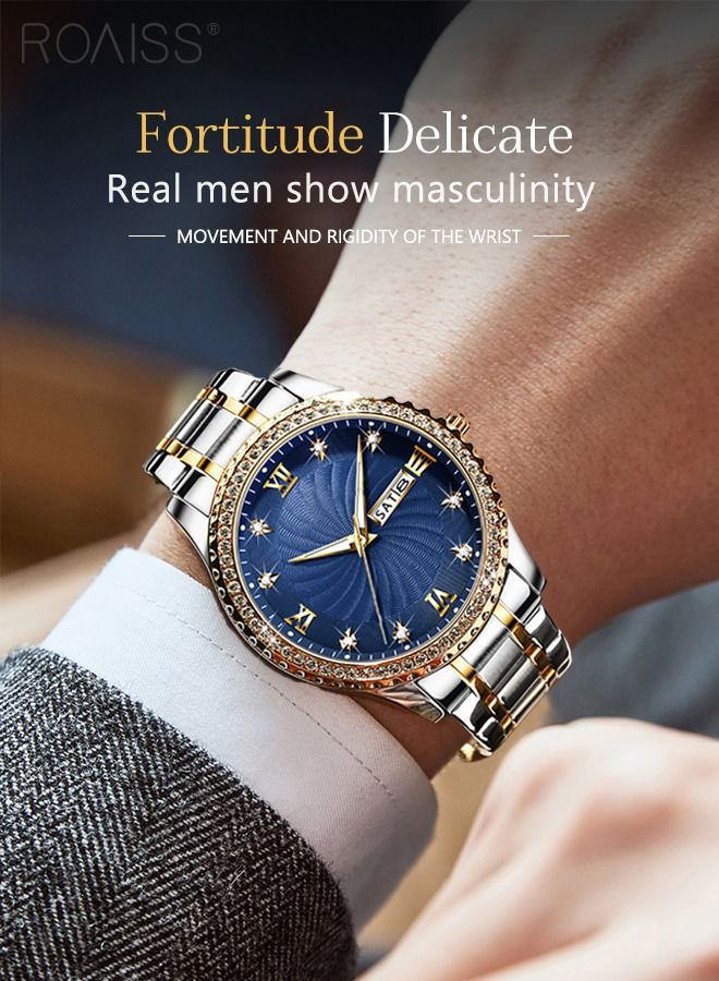 Men's Stainless Steel Strap Quartz Watch Analog Display Round Blue Dial with Rhinestone-set Bezel Waterproof Luminous Wristwatch as Gift for Men