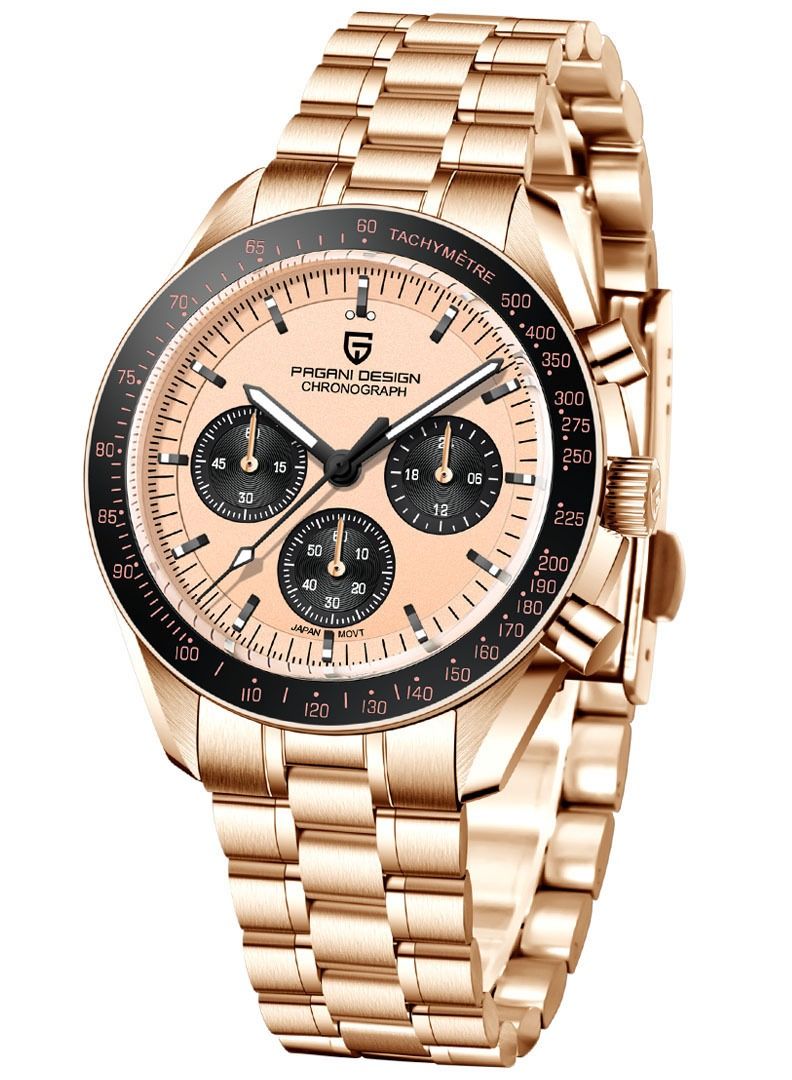 Men's Quartz Watches Gold Black Chronograph Stainless Steel Sports Wrist Watch for Men Sapphire Glass PD-1701