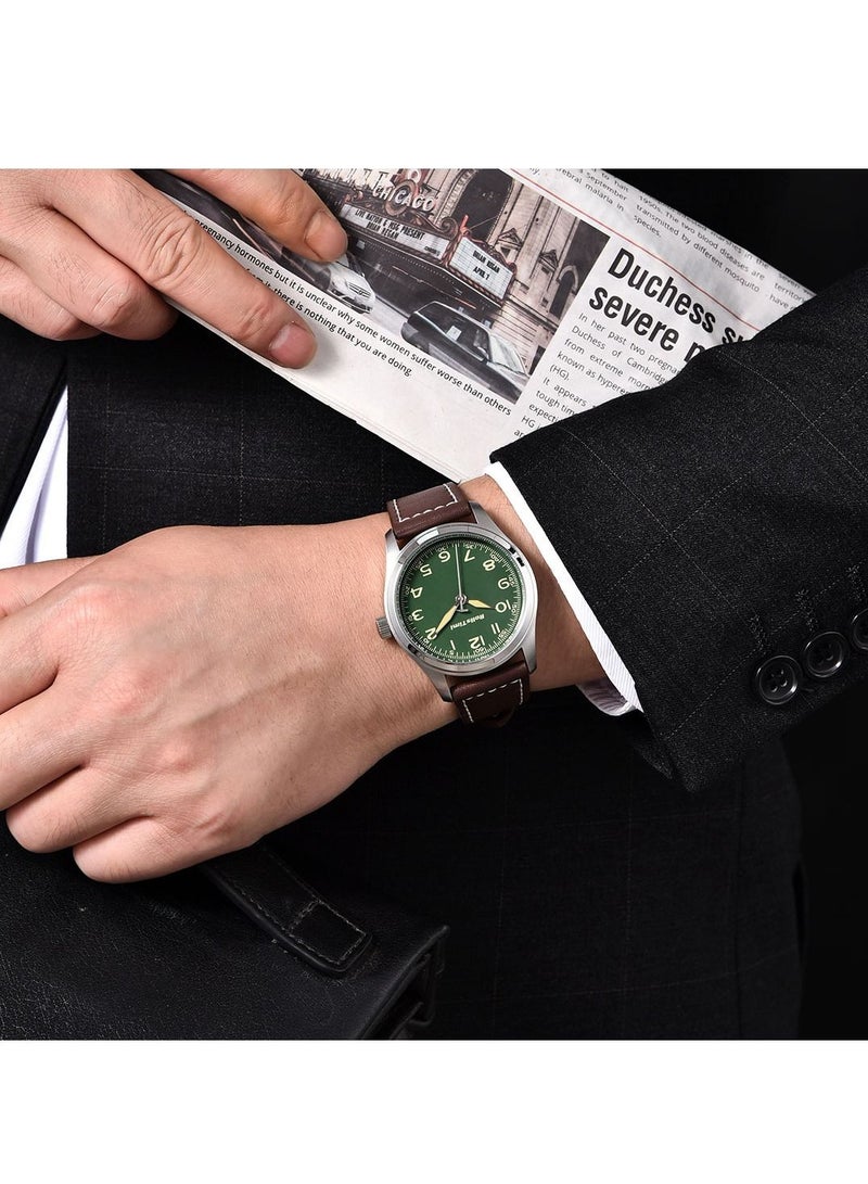Men’s Quartz Watches Hour Hand Luminous Genuine Leather Field Wrist Watch for Men Hardlex Dial Glass Minimalist Fashion Men Clock