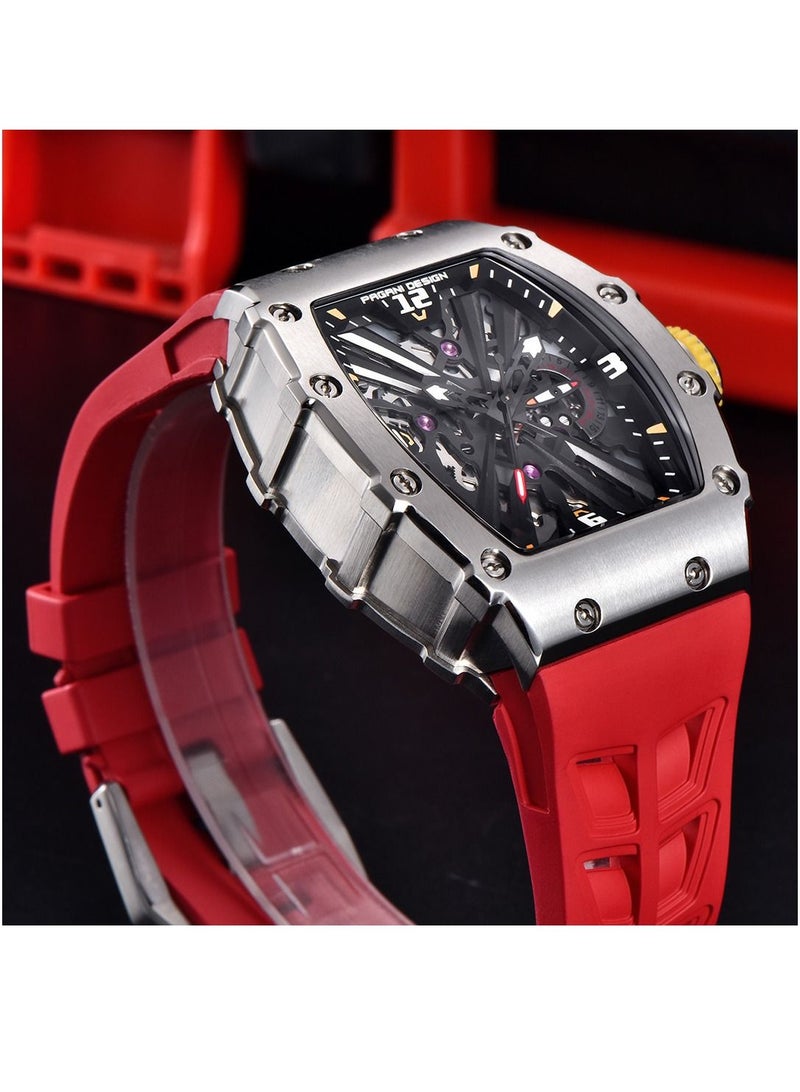 Men’s Watch Quartz Sports Watch Stainless Steel 5ATM Waterproof Rubber Strap Wristwatch Business Tonneau Square Analog Stopwatch