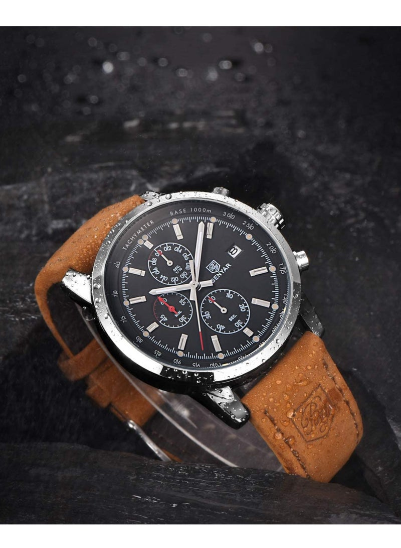 Mens Watches Chronograph Analog Quartz Watch Stainless Steel Watch for Men Stylish Business Sports Waterproof Wristwatch Brown Leather Strap