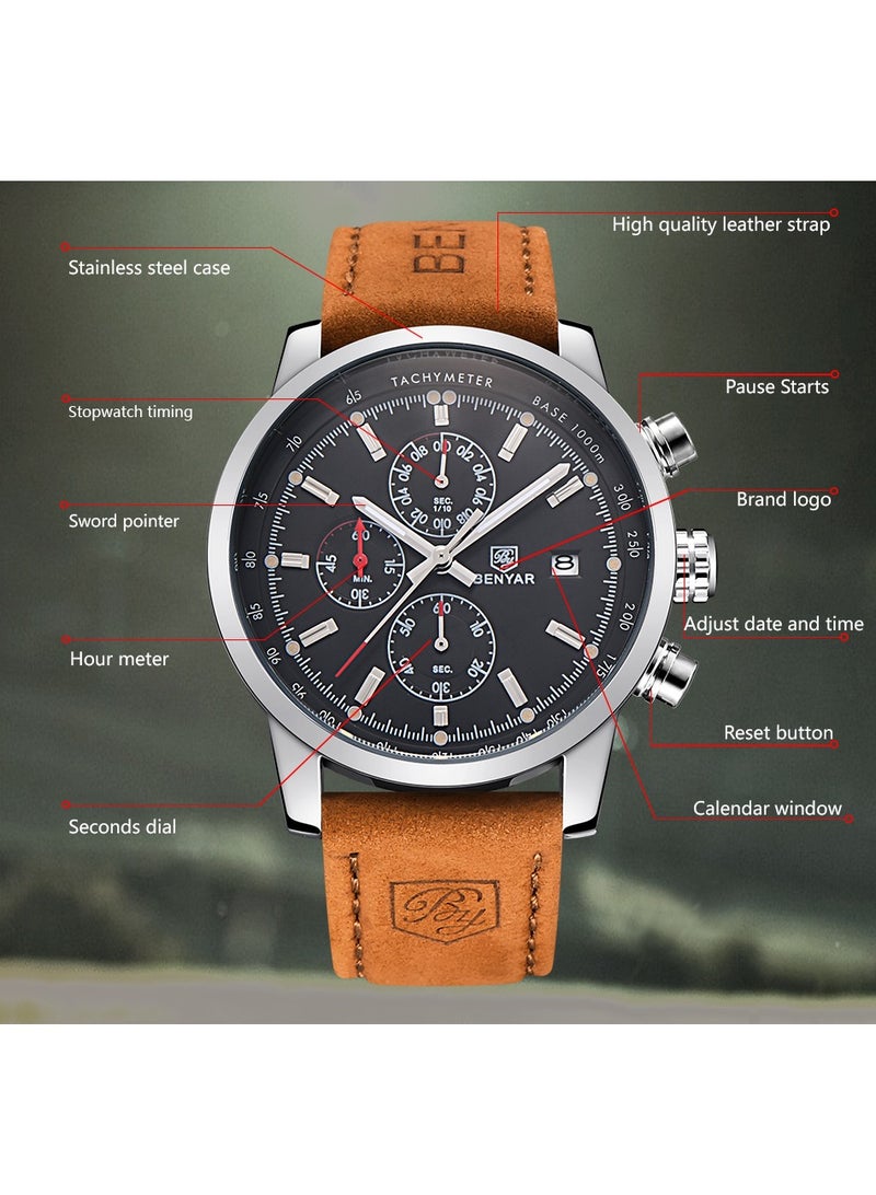 Mens Watches Chronograph Analog Quartz Watch Stainless Steel Watch for Men Stylish Business Sports Waterproof Wristwatch Brown Leather Strap