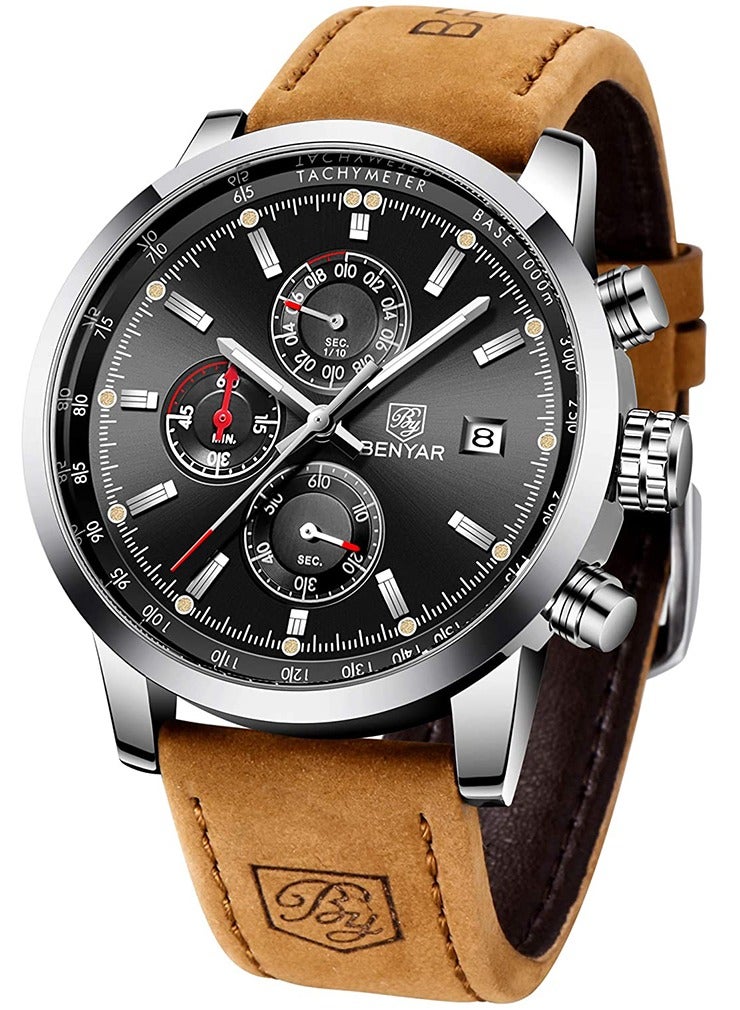 Mens Watches Chronograph Analog Quartz Watch Stainless Steel Watch for Men Stylish Business Sports Waterproof Wristwatch Brown Leather Strap