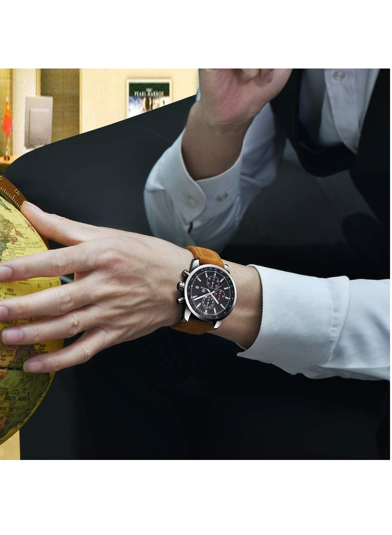 Mens Watches Chronograph Analog Quartz Watch Stainless Steel Watch for Men Stylish Business Sports Waterproof Wristwatch Brown Leather Strap