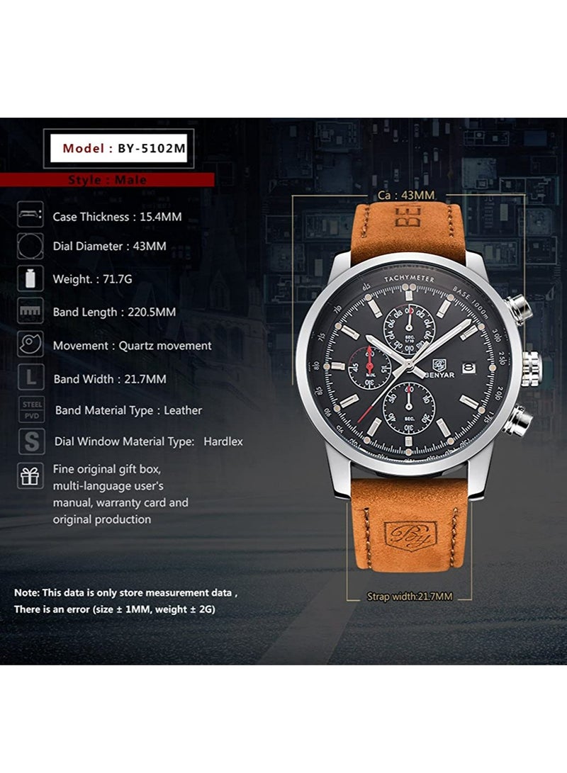 Mens Watches Chronograph Analog Quartz Watch Stainless Steel Watch for Men Stylish Business Sports Waterproof Wristwatch Brown Leather Strap
