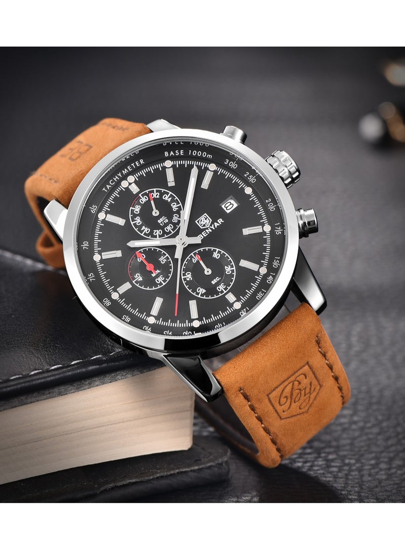 Mens Watches Chronograph Analog Quartz Watch Stainless Steel Watch for Men Stylish Business Sports Waterproof Wristwatch Brown Leather Strap