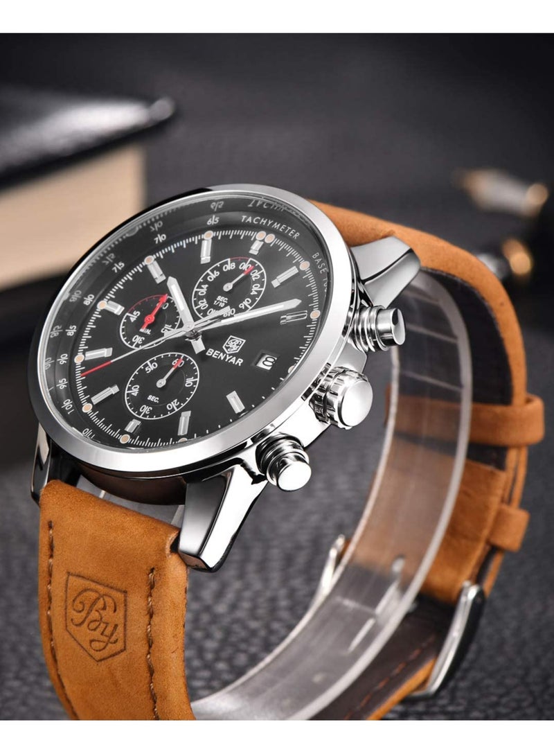 Mens Watches Chronograph Analog Quartz Watch Stainless Steel Watch for Men Stylish Business Sports Waterproof Wristwatch Brown Leather Strap