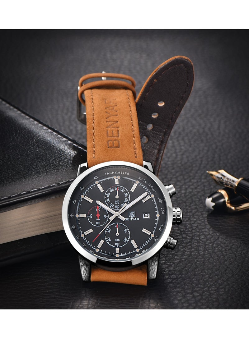 Mens Watches Chronograph Analog Quartz Watch Stainless Steel Watch for Men Stylish Business Sports Waterproof Wristwatch Brown Leather Strap