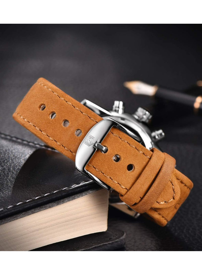 Mens Watches Chronograph Analog Quartz Watch Stainless Steel Watch for Men Stylish Business Sports Waterproof Wristwatch Brown Leather Strap