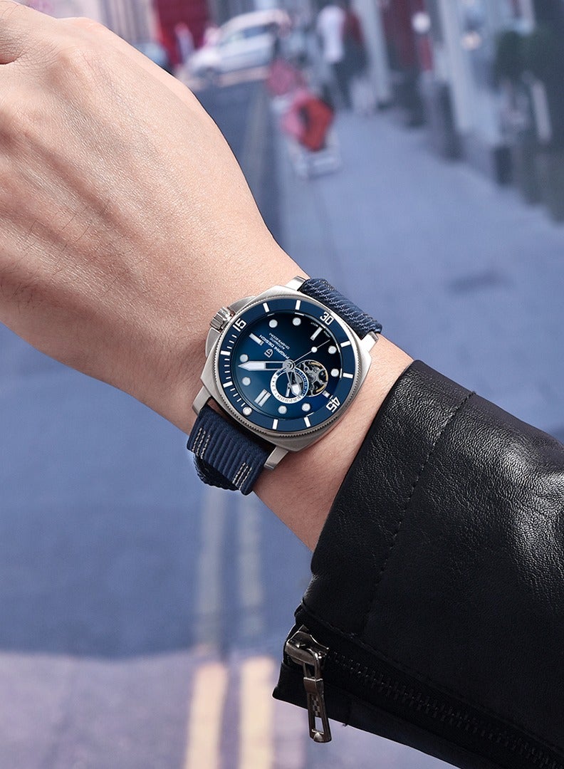 Men’s Automatic Watches 43mm Mechanical Skeleton Waterproof Sports Wrist Watch for Men Blue