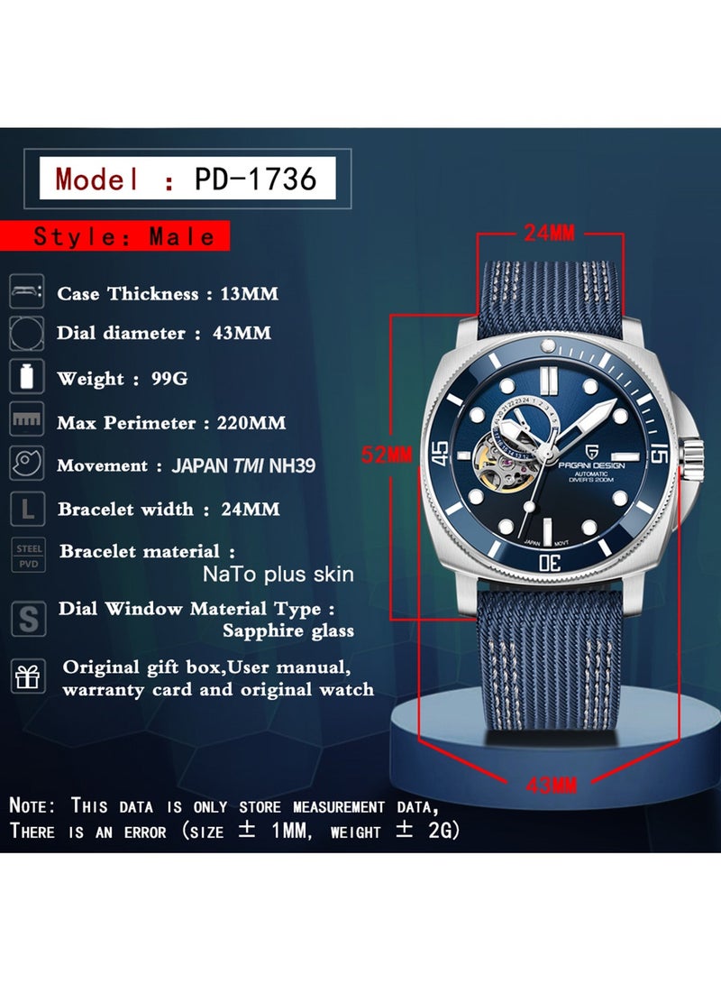 PD1736 Men's Automatic Watches Tourbillon Fashion Men Mechanical Wristwatches Analog Digital Dial Casual Leather Bracelet