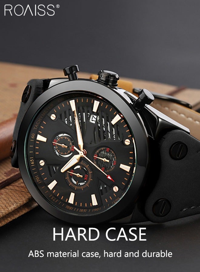Men's Leather Strap Quartz Watch, Round Shape Dial Chronograph Watch with Three Small Dials, Waterproof Casual Watch as Gift for Men