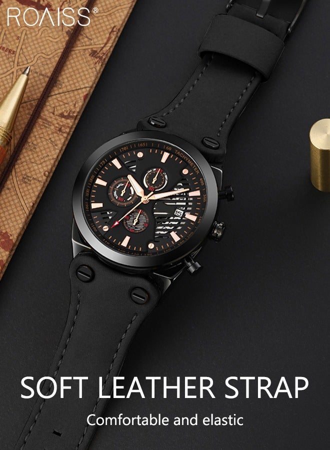 Men's Leather Strap Quartz Watch, Round Shape Dial Chronograph Watch with Three Small Dials, Waterproof Casual Watch as Gift for Men