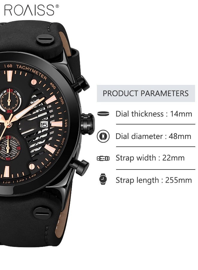 Men's Leather Strap Quartz Watch, Round Shape Dial Chronograph Watch with Three Small Dials, Waterproof Casual Watch as Gift for Men