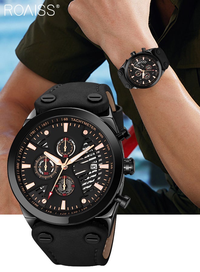 Men's Leather Strap Quartz Watch, Round Shape Dial Chronograph Watch with Three Small Dials, Waterproof Casual Watch as Gift for Men