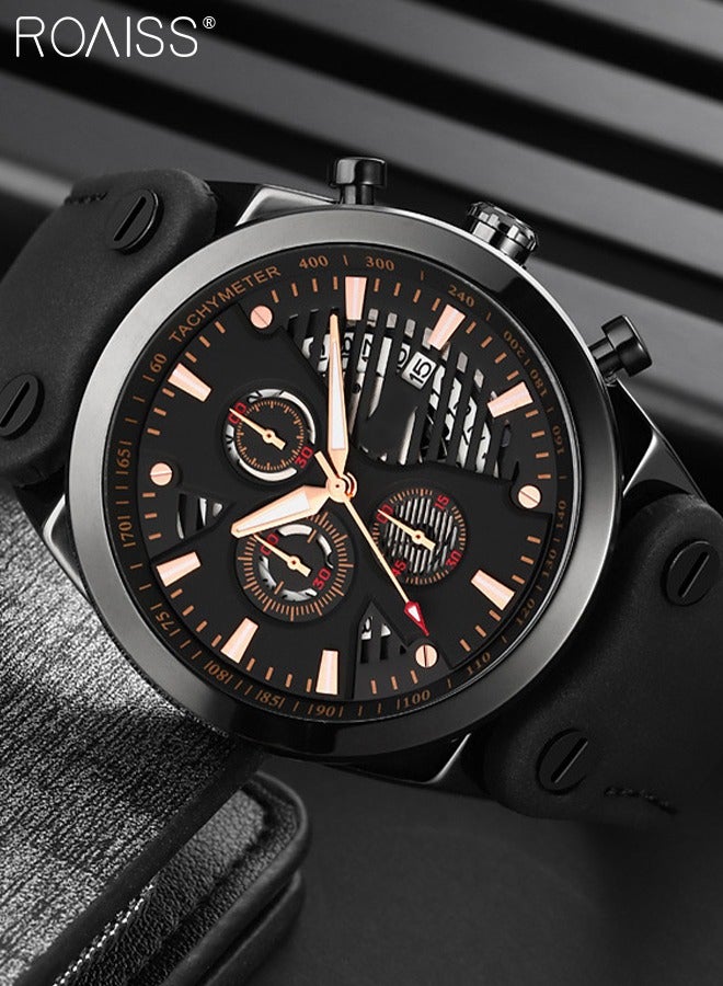 Men's Leather Strap Quartz Watch, Round Shape Dial Chronograph Watch with Three Small Dials, Waterproof Casual Watch as Gift for Men