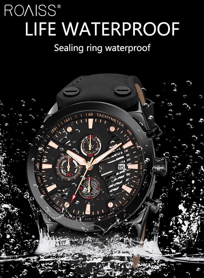 Men's Leather Strap Quartz Watch, Round Shape Dial Chronograph Watch with Three Small Dials, Waterproof Casual Watch as Gift for Men