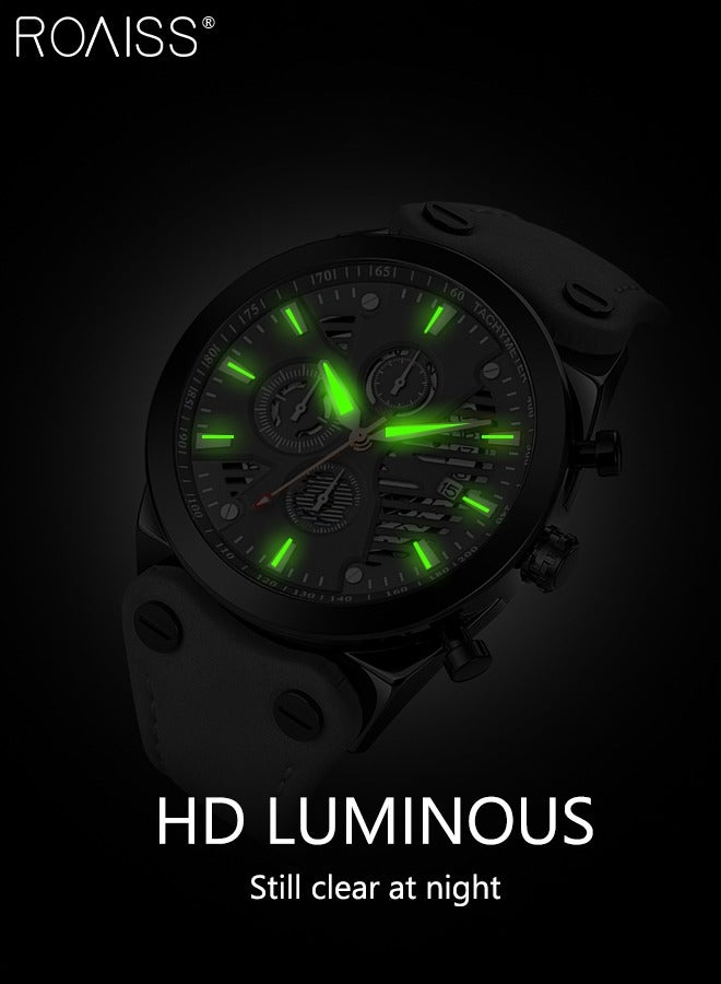Men's Leather Strap Quartz Watch, Round Shape Dial Chronograph Watch with Three Small Dials, Waterproof Casual Watch as Gift for Men