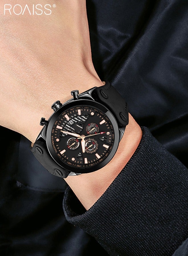 Men's Leather Strap Quartz Watch, Round Shape Dial Chronograph Watch with Three Small Dials, Waterproof Casual Watch as Gift for Men