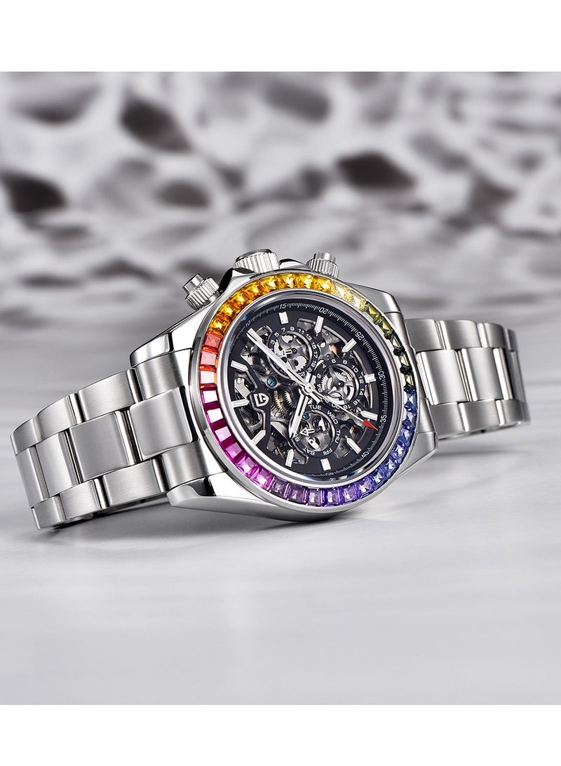 Men's Skeleton Automatic Watches Mechanical Stainless Steel Waterproof Wrist Watch with Sapphire Glass Rainbow Bezel