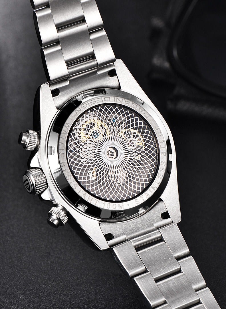 Men's Skeleton Automatic Watches Mechanical Stainless Steel Waterproof Wrist Watch with Sapphire Glass Rainbow Bezel