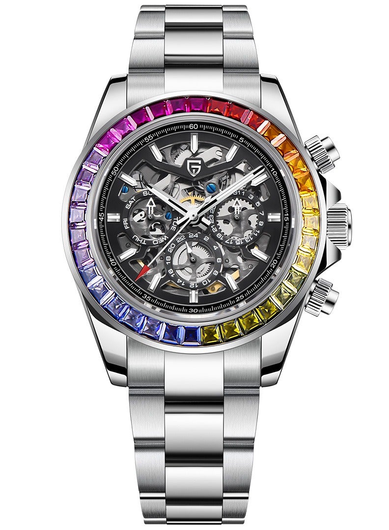 Men's Skeleton Automatic Watches Mechanical Stainless Steel Waterproof Wrist Watch with Sapphire Glass Rainbow Bezel