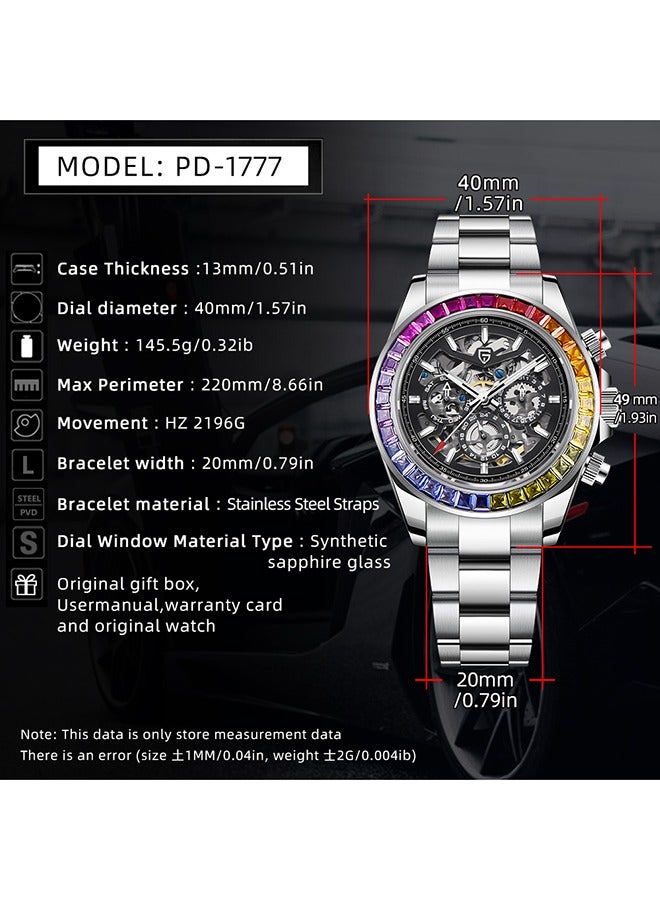 Men's Skeleton Automatic Watches Mechanical Stainless Steel Waterproof Wrist Watch with Sapphire Glass Rainbow Bezel