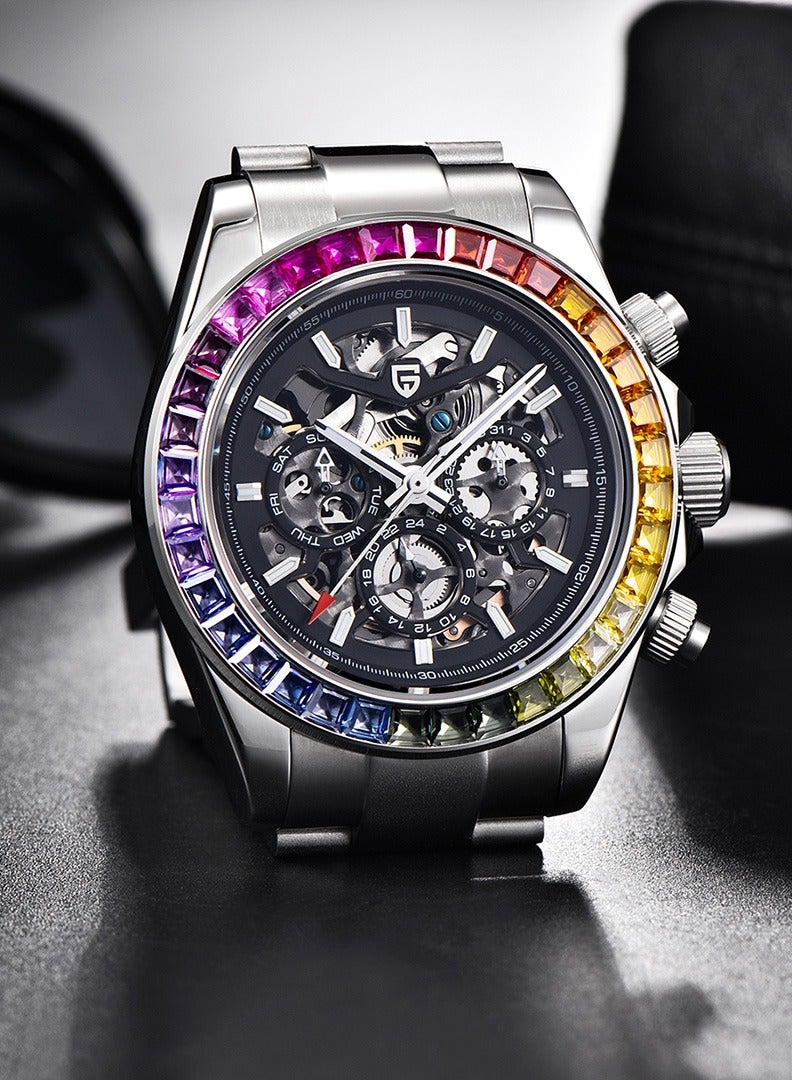 Men's Skeleton Automatic Watches Mechanical Stainless Steel Waterproof Wrist Watch with Sapphire Glass Rainbow Bezel