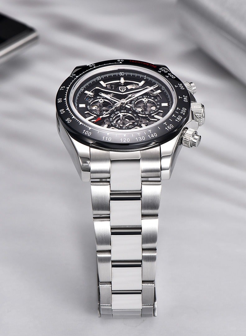 Men's Skeleton Automatic Watches Mechanical Stainless Steel Waterproof Wrist Watch with Sapphire Glass