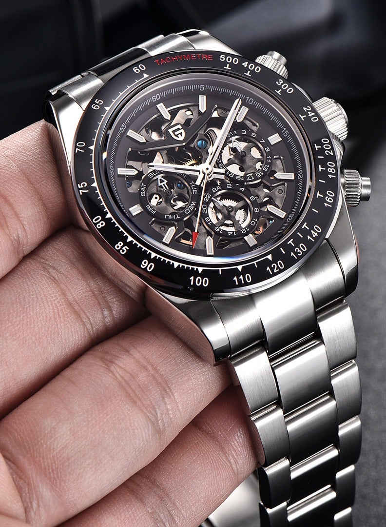 Men's Skeleton Automatic Watches Mechanical Stainless Steel Waterproof Wrist Watch with Sapphire Glass