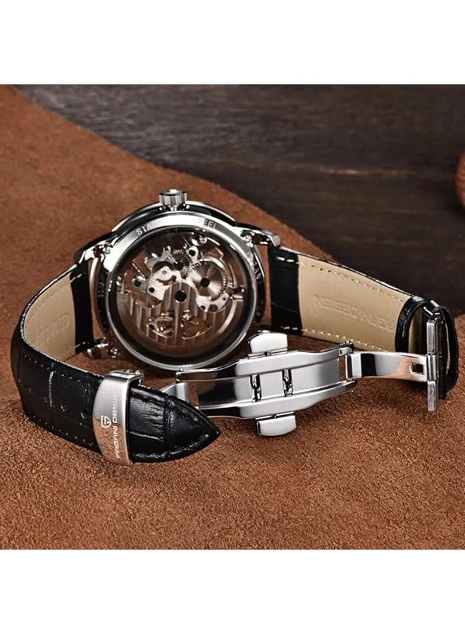 Men's Skeleton Automatic Watches Genuine Leather Strap Waterproof Wrist Watch for Man Steampunk Luxury Clock with Deployment Clasp