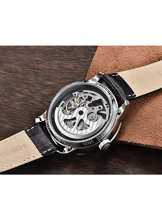 Men's Skeleton Automatic Watches Genuine Leather Strap Waterproof Wrist Watch for Man Steampunk Luxury Clock with Deployment Clasp