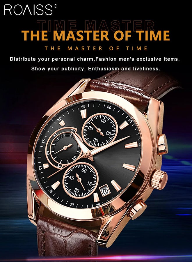 Leather Strap Chronograph Quartz Watch for Men Round Black Dial with Chronograph Subdials Waterproof Luminous Wristwatch as Gift for Men
