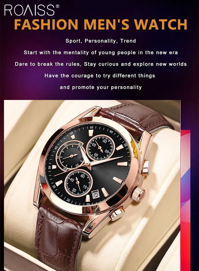 Leather Strap Chronograph Quartz Watch for Men Round Black Dial with Chronograph Subdials Waterproof Luminous Wristwatch as Gift for Men